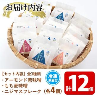 y263 湧水町のおにぎり(冷凍)12個詰め合わせセット(全3種類・1種3個セット×4)アーモンド葱味噌味・ニジマスフレーク・もち麦味噌の湧水町産の素材を使用した3種類♪ おにぎり ご飯 ごはん お米 米 もち麦 味噌 みそ おむすび 冷凍 個包装【福永商店】