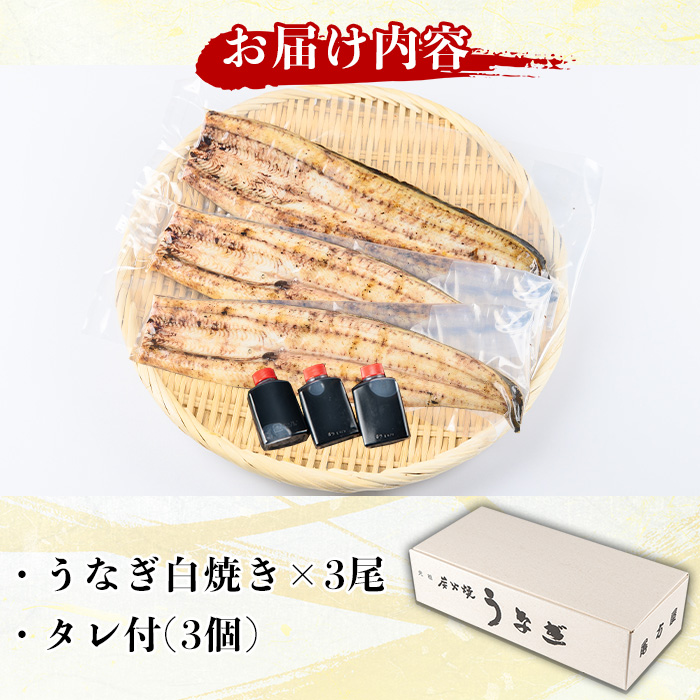 y082 国産！うなぎ白焼き(3尾・タレ付き) 九州産 鰻 ウナギ 無頭 魚 魚介類 しろやき 白焼 かばやき 蒲焼 蒲焼き おかず 特産品 土用 丑の日 お土産 ギフト プレゼント 冷蔵 【尾方屋】