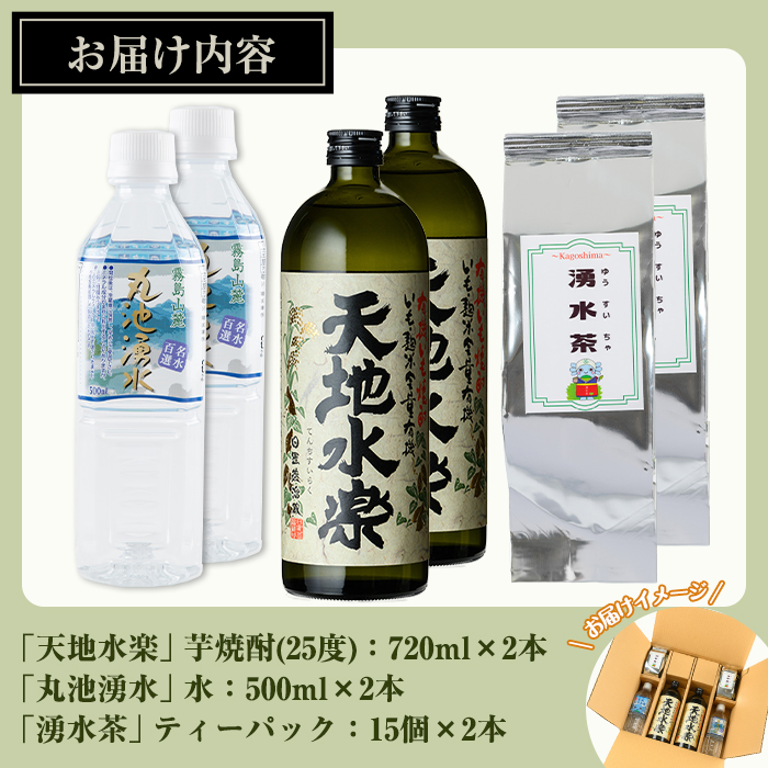y469 鹿児島芋焼酎「天地水楽」だれやめ湧水割りセット(2本セット) 国産 九州産 鹿児島県産 鹿児島 焼酎 芋焼酎 お酒 天地水楽 お茶割り 水 飲料水 お茶 茶 ティーパック ティーバッグ 水出し 緑茶【湧水町湧水割り普及促進協議会】