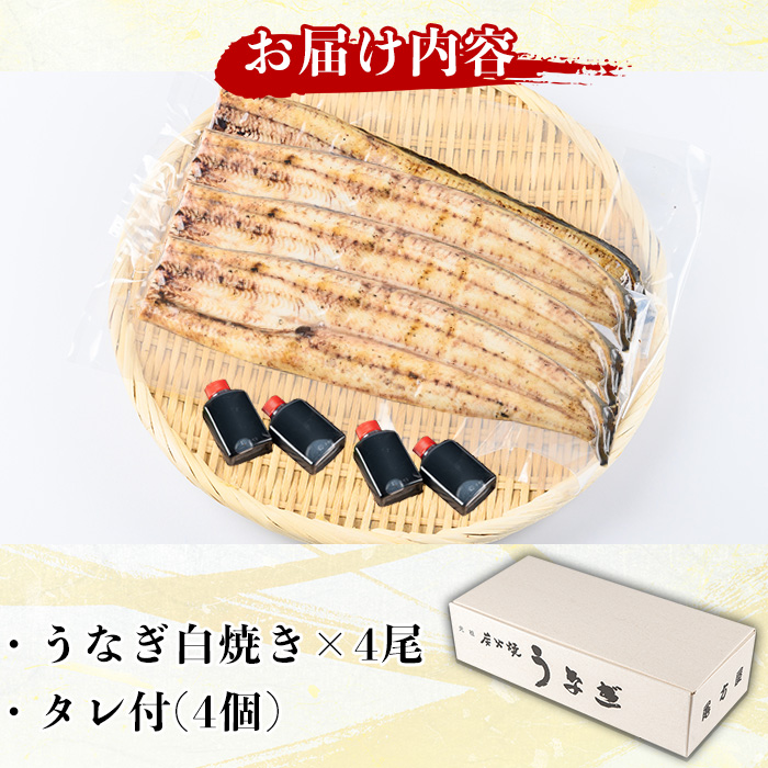 y509 国産！うなぎ白焼き(4尾・タレ付き) 国産 九州産 鰻 ウナギ 無頭 魚 魚介類 かばやき 蒲焼 蒲焼き しろやき 白焼 おかず 特産品 お土産 ギフト プレゼント 冷蔵 【尾方屋】