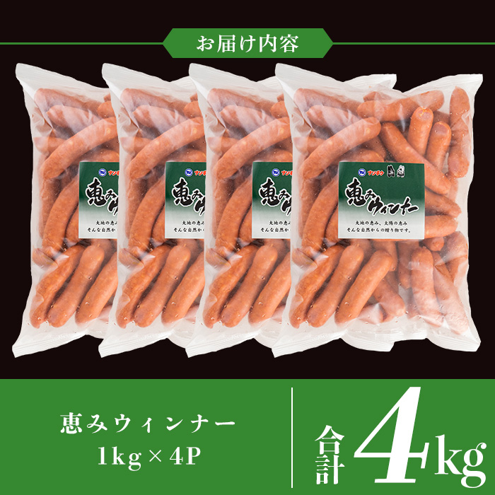 y570 《業務用・訳あり》恵みウィンナー(合計4kg・1kg×4P) 国産 豚肉 ウインナー ソーセージ フランクフルト 惣菜 おかず 晩御飯 おつまみ 弁当 BBQ キャンプ 冷凍 訳あり 訳アリ 簡易包装 【ナンチク】