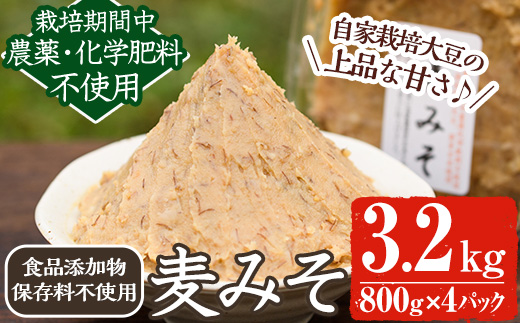 y175 《先行予約受付中！2026年2月以降順次発送》《添加物不使用》麦みそ 計3.2kg(800g×4パック) 味噌 麦味噌 自家栽培 玄米麹 麹 こうじ みそ汁 味噌汁 野菜炒め 田楽 【雲月農園】