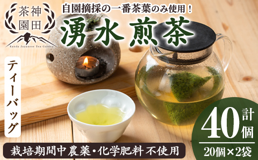 y519 鹿児島県湧水町産！栽培期間中農薬・化学肥料不使用！湧水煎茶ティーバッグ 計40個(20個×2袋) 国産 九州産 鹿児島県産 茶葉 お茶 茶 日本茶 緑茶 煎茶 ティーバッグ ギフト 贈答 プレゼント 贈り物 【神田茶園】