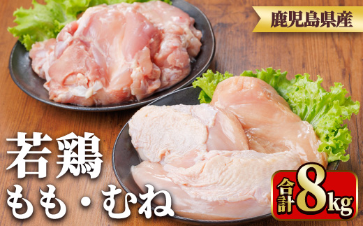 y542 鹿児島県産若鶏もも身・むね身セット(合計8kg・もも、むね) 国産 九州産 鹿児島県産 鶏肉 鳥肉 鶏 とり 若鶏 冷凍 もも むね セット 真空 【TRINITY】