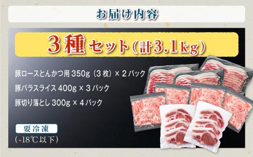 九州産豚肉3.1kg　3種セット　（豚バラスライス400g×3P　豚ロースとんかつ350g（3枚）×2P　豚モモウデ切り落とし300g×4P）