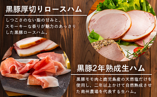 鹿児島県産 黒豚ギフト6点セット (合計約910g) NS-7 | 肉 お肉 豚肉 ぶた 豚 ブタ 黒豚 生ハム 焼豚 モモハム ベーコン ロースハム ウィンナー ソーセージ おかず おつまみ 国産 冷蔵 ギフト 鹿児島県 南大隅町 南州農場