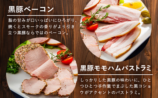 鹿児島県産 黒豚バラエティセットB 約550g (黒豚モモハムパストラミ200g×1・黒豚厚切りロースハム200g×1・黒豚ベーコン150g×1) NS-506 ❘ 肉 お肉 豚肉 豚 にく ぶた かごしま黒豚 モモ ロース 厚切りハム ベーコン 冷蔵 小分け 鹿児島県 南大隅町 南州農場