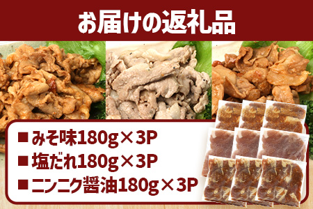 鹿児島県産 ひかり麦豚 味比べセット ≪味付け肉≫ 計1.6kg （180g×9パック）みそ 塩だれ ニンニク醤油  トレーなし 冷凍 HM-4 | 肉 お肉 にく 豚肉 味噌味 塩ダレ 解凍して焼くだけ 真空冷凍 新鮮 小分け おかず 産地直送 鹿児島県 南大隅町 ひかり麦豚直売所