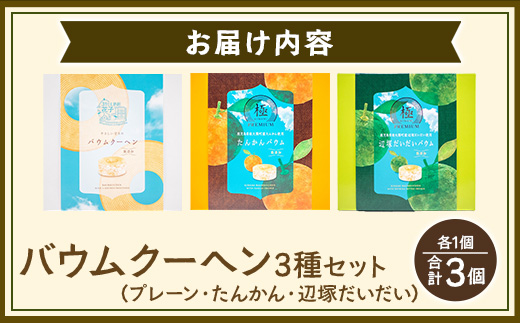バウムクーヘン 3個セット ( プレーン ・ たんかん ・ 辺塚だいだい ） SH-717 ｜バウム クーヘン バームクーヘン スイーツ ケーキ 柑橘 焼き菓子 洋菓子 お菓子 おかし おやつ デザート プレゼント 贈り物 ギフト 常温 鹿児島県 南大隅町 31℃LINE花子