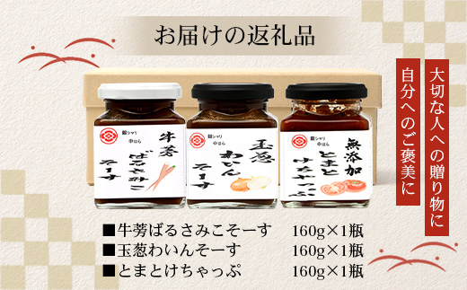 【先行予約・数量限定】 日本料理人が作る　とまとケチャップとソース　プロの味3種類セット/とまとケチャップ(170g×1瓶) 牛蒡バルサミコソース (160g×1瓶) 玉葱ワインソース (160g×1瓶) GN-19｜鹿児島県 南大隅町 野菜 トマト ごぼう 玉ねぎ ワンランク アップ 食べ比べ 3種 手づくり ソース 新鮮 旬 銀シャリ中はら