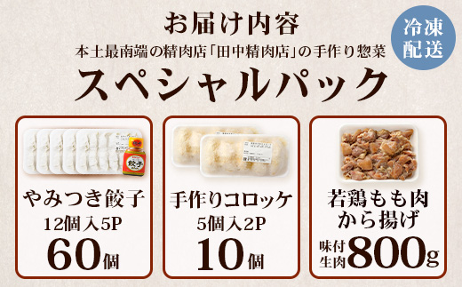 佐多の田中肉屋 スペシャルパック（餃子・コロッケ・味付唐揚げ）冷凍便 TA-405 | 国産 お惣菜 手作り 餃子 ギョーザ やみつき ニンニク から揚げ 若鶏唐揚げ 鶏肉 揚げるだけ コロッケ 大容量 おかず 弁当 おつまみ 保存料不使用 簡単調理 産地直送 鹿児島県 南大隅町 田中精肉店 