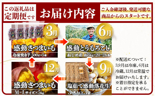 【定期便・年4回】農家の感動シリーズB (約16.4kg) FR-2｜冷凍焼き芋 ゴールドラッシュ とうもろこし 塩茹で 落花生 おおまさり ピーナッツ 芋 さつまいも 紅はるか 野菜定期便 旬 産地直送 サラダ 南大隅町