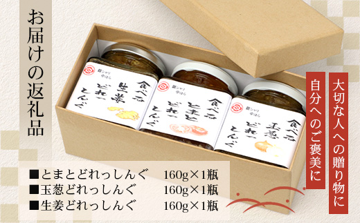 【先行予約・数量限定】日本料理人が作る 食べるドレッシング 3種類セット/ とまとドレッシング (160g×1瓶)玉葱ドレッシング (160g×1瓶)生姜ドレッシング (160g×1瓶) GN-16｜鹿児島県 南大隅町 野菜 トマト 玉ねぎ しょうが ショウガ 手づくり サラダ ソース 新鮮 旬 銀シャリ中はら