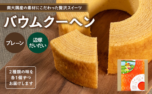 バウムクーヘン 2個セット ( プレーン ・ 辺塚だいだい) SH-715 ｜バウムクーヘン バームクーヘン スイーツ ケーキ 焼き菓子 洋菓子 お菓子 おかし おやつ デザート プレゼント 贈り物 ギフト 常温 鹿児島県 南大隅町 31℃LINE花子