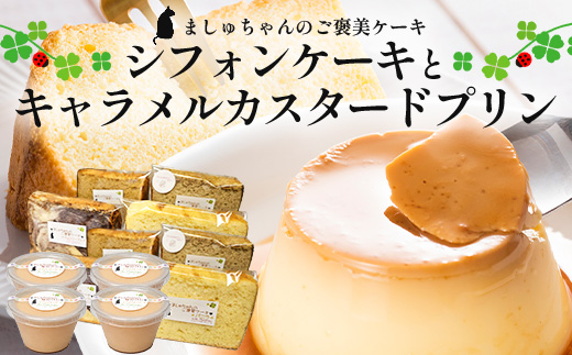 ましゅちゃんの贅沢なご褒美セット ( シフォンケーキ 4種×2セット + キャラメルカスタードプリン 4個 ) LM-2 | 紅茶 人参 カスタード キャラメル ケーキ 焼き菓子 セット プリン ご褒美 南大隅町 鹿児島県 s-lb.Matthew