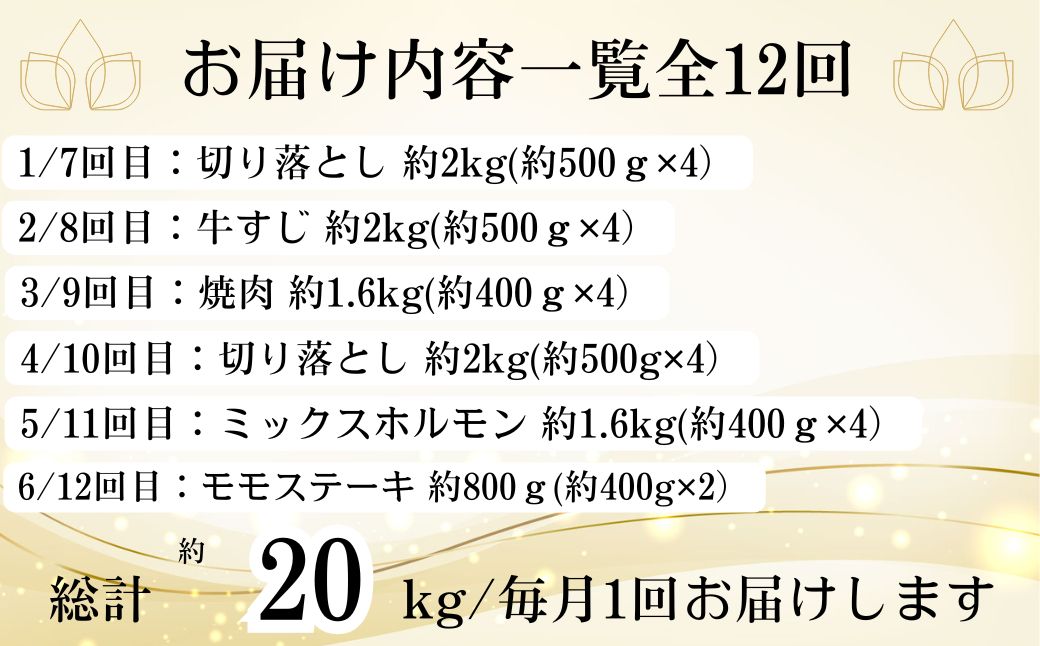 ＜定期便・全12回(連続)＞鹿児島黒牛 満足定期便・満腹セット(全5種・合計20kg)