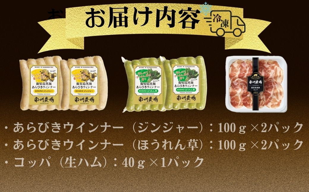 南州農場 黒豚生ハム・ソーセージ詰合せ＜あらびきウィンナー(ほうれん草 100g×2 / ジンジャー 100g×2)・コッパ40g×1＞