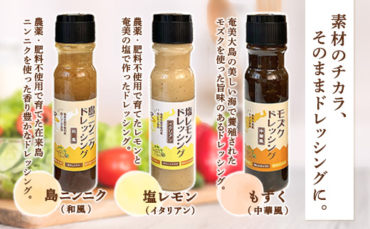 ドレッシング（3本セット）厳選素材 こだわり 保存料不使用 島ニンニク 塩レモン モズク 料理 調味料 奄美大島 宇検村 鹿児島