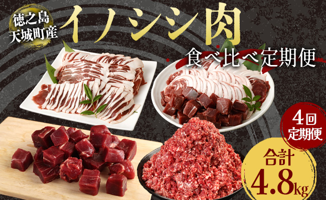 【4回定期便】徳之島 天城町産 イノシシ肉食べ比べ定期便 (計4.8kg) ミンチ ロース サイコロ 焼肉セット ジビエ