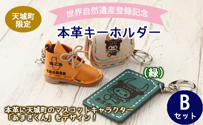 世界自然遺産登録記念 天城町 限定 本革 キーホルダー  Bセット（緑） マスコットキャラクター あまぎくん BG-2-1