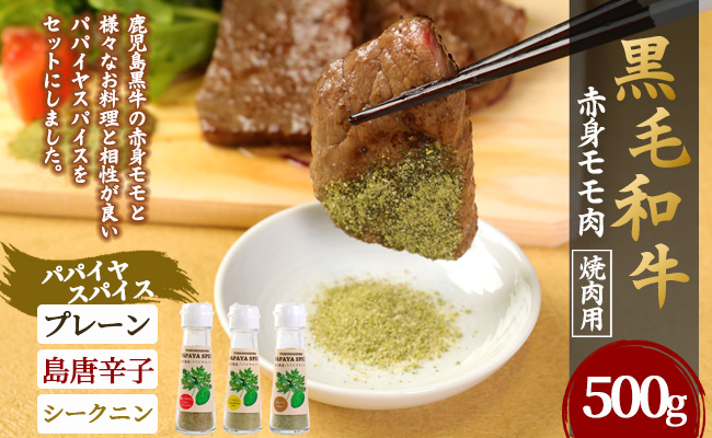 黒毛和牛 赤身モモ肉 焼肉用 500g パパイヤスパイス 40g×3種セット 牛肉 もも肉 バーベキュー