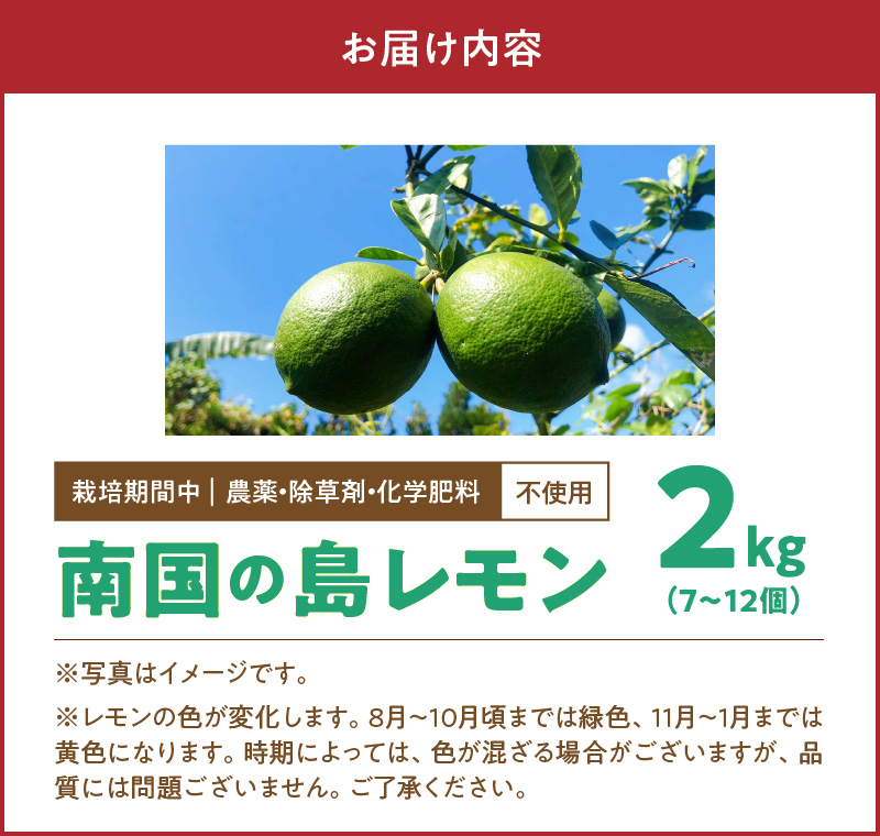 ■【先行受付】栽培期間中 農薬・除草剤・化学肥料不使用！南国の島レモン 2kg！【2025年9月～2026年2月下旬お届け】　W043-003u