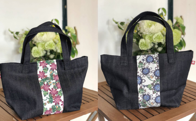 【クオーレ】ANNAデニムバッグ | 紅琉 BINRYU アラヤプランニング株式会社 | 沖縄 伝統工芸 びんがた 紅型 | テキスタイル 柄 花柄 | トート ミニバッグ マチあり お弁当バッグ 散歩バッグ バッグインバッグ クオーレ