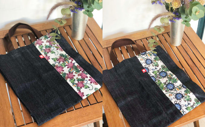 【スーリール】デニムトートバッグ | 紅琉 BINRYU アラヤプランニング株式会社 | 沖縄 伝統工芸 びんがた 紅型 | テキスタイル 柄 花柄 | トート ミニバッグ マチあり お弁当バッグ 散歩バッグ バッグインバッグ スーリール