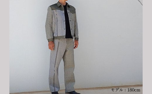 AZ-71 みんさー織 総手織りブルゾン＆パンツ（楕円ヒチガーラ  グレイッシュ）Mサイズ