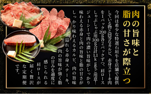 【2025年11月以降順次発送】希少な特選石垣牛をご家庭で！！全3回合計1.1kg　カルビ、赤身ステーキ各400gずつ、肩ロースしゃぶしゃぶ用300g &石垣牛 MARU秘伝の焼肉タレ100ml×1本｜ステーキ　カルビ　しゃぶしゃぶ　贅沢 | IM-76t