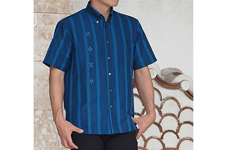 みんさー織 総手織りボタンダウンシャツ（藍ストライプ）LLサイズ AZ-76