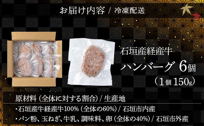 【2026年1月発送】石垣産経産牛ハンバーグ150g×6/箱 YC-08-01