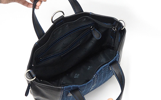 AZ-89 みんさー織 3WAYリュック牛革（楕円ヒチガーラ  ネイビー）