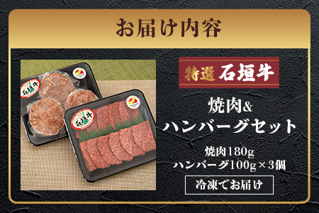 特選石垣牛100%ハンバーグ100g×3個＋特選石垣牛 元卸お任せ 焼肉180g セット（八重山パーツミート）I-17-1