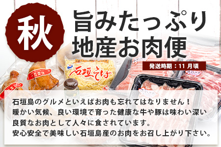 【4回/年定期配送 石垣島のタカラモノ便】 SH-3 春夏秋冬のお楽しみ(野菜 鮮魚 フルーツ 肉 牛肉 豚肉 加工 品 八重山そば かまぼこ マグロ 果物 パイン マンゴー 頒布会 セット 贈答 4ヵ月)