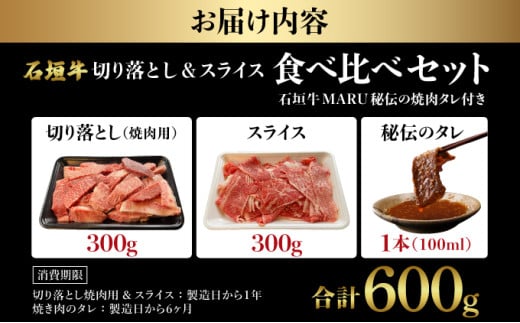 【2025年11月以降順次発送】希少な特選石垣牛をご家庭で！！切り落とし焼き肉用とスライスの食べ比べ 合計600g &石垣牛 MARU秘伝の焼肉タレ100ml×1本 | 沖縄 石垣 特選 牛 切り落とし スライス 食べ比べ 焼き肉 しゃぶしゃぶ すき焼き タレ | IM-32 切り落とし＆スライス 各300g×1