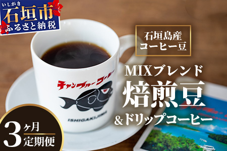 【3ヶ月定期便】石垣島産コーヒー豆MIXブレンド ドリップパック10個と焙煎豆100g×4袋セット IW-4