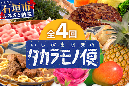 【4回/年定期配送 石垣島のタカラモノ便】 SH-3 春夏秋冬のお楽しみ(野菜 鮮魚 フルーツ 肉 牛肉 豚肉 加工 品 八重山そば かまぼこ マグロ 果物 パイン マンゴー 頒布会 セット 贈答 4ヵ月)