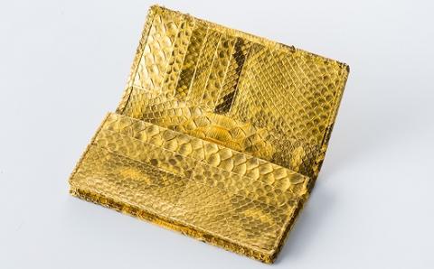 財布 長財布 ゴールド パイソン 革 ( 縦11cm × 横9.5cm ) 無双加工