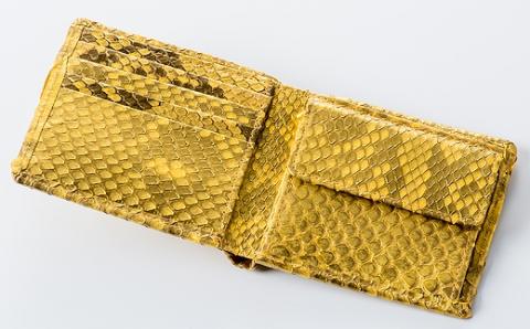 財布 二つ折り財布 ゴールド パイソン 革 ( 縦11cm × 横9.5cm ) 無双加工