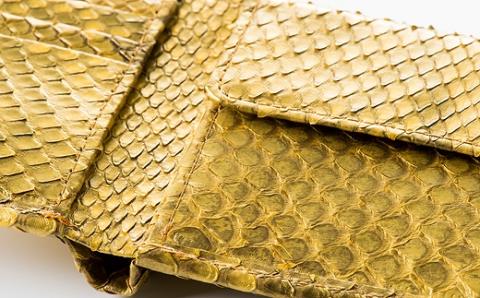 財布 二つ折り財布 ゴールド パイソン 革 ( 縦11cm × 横9.5cm ) 無双加工