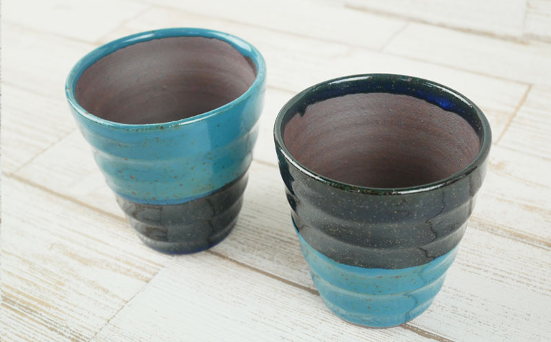 【やちむん丸勇陶房】ゆのみ（中）ツートンブルー2個セット