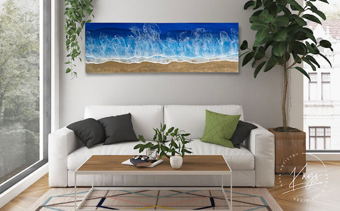 レジンアート 『波のキャンバス』 ブルーオーシャン ワイドパネル (W120×H40cm) アート インテリア 絵画 アートパネル おしゃれ 沖縄市 / Kays Artistry [BCAG019]
