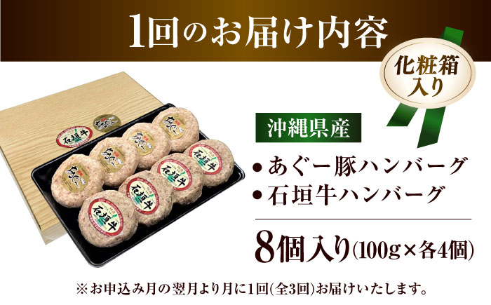 【全3回定期便】沖縄県産 あぐー豚＆石垣牛 ハンバーグセット 800g (100g×8個) 豚 牛 ハンバーグ 冷凍 ギフト お取り寄せ 沖縄市 / お肉屋本店 [BCAZ015]