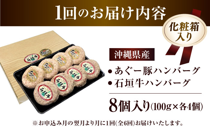 【全6回定期便】沖縄県産 あぐー豚＆石垣牛 ハンバーグセット 800g (100g×8個) 豚 牛 ハンバーグ 冷凍 ギフト お取り寄せ 沖縄市 / お肉屋本店 [BCAZ016]