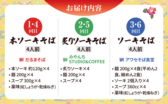 【全6回定期便】本格ソーキそば満喫セット【沖縄市】 そば 沖縄そば 沖縄グルメ 詰め合わせ 生麺 だし 沖縄市 だるまそば / アワセそば食堂 / みやんち STUDIO & COFFEE [BCZZ010]