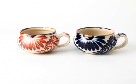 スープカップ（唐草模様）　赤&コバルトブルーセット【尚工房】