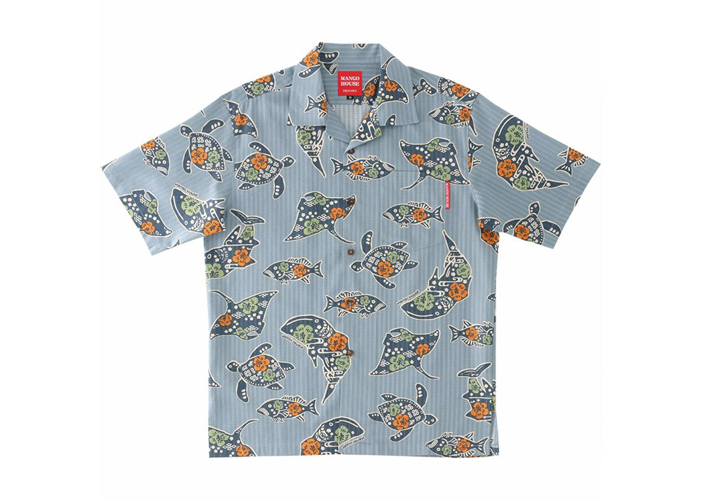 【かりゆしウェア】メンズ ちゅらさんジンベエザメLサイズ×ブルーグレー