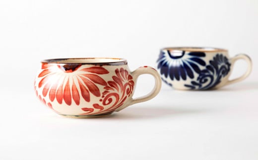 スープカップ（唐草模様）　赤&コバルトブルーセット【尚工房】