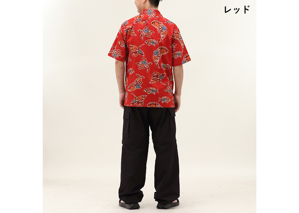 【かりゆしウェア】メンズ ちゅらさんジンベエザメLサイズ×レッド